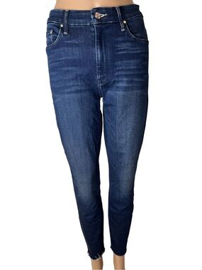 Mother The High Waisted Looker Ankle Fray Hem Stretch Skinny Jeans Dark Wash